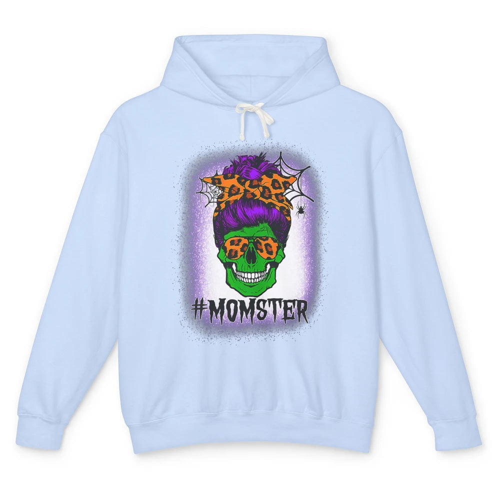 Retro Momster Messy Bun Skull Mom Halloween Spooky Mama Goth Unisex Lightweight Hoodie