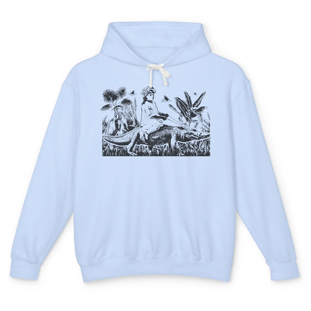 Retro Florida Tropical Land Girl Riding Alligator Summer Unisex Lightweight Hoodie