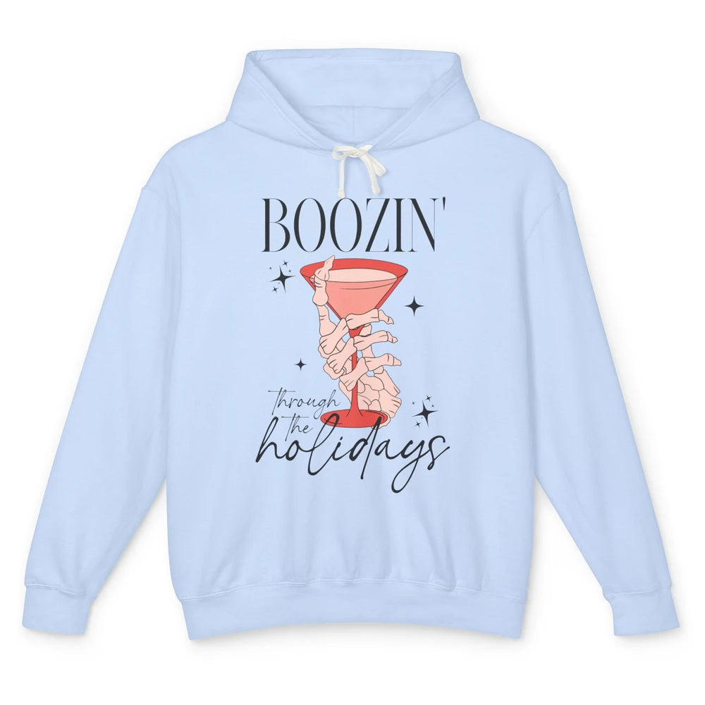 Boozin’ Through The Holidays Christmas Drinking Wine Glass Unisex Lightweight Hoodie