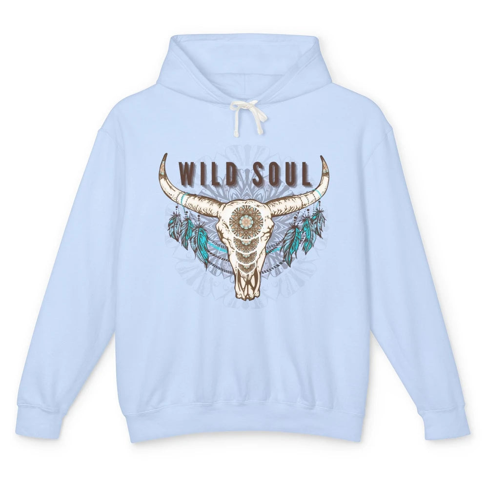 Boho Bull Skull Wild Soul Hippie Cowgirl Western Country Unisex Lightweight Hoodie