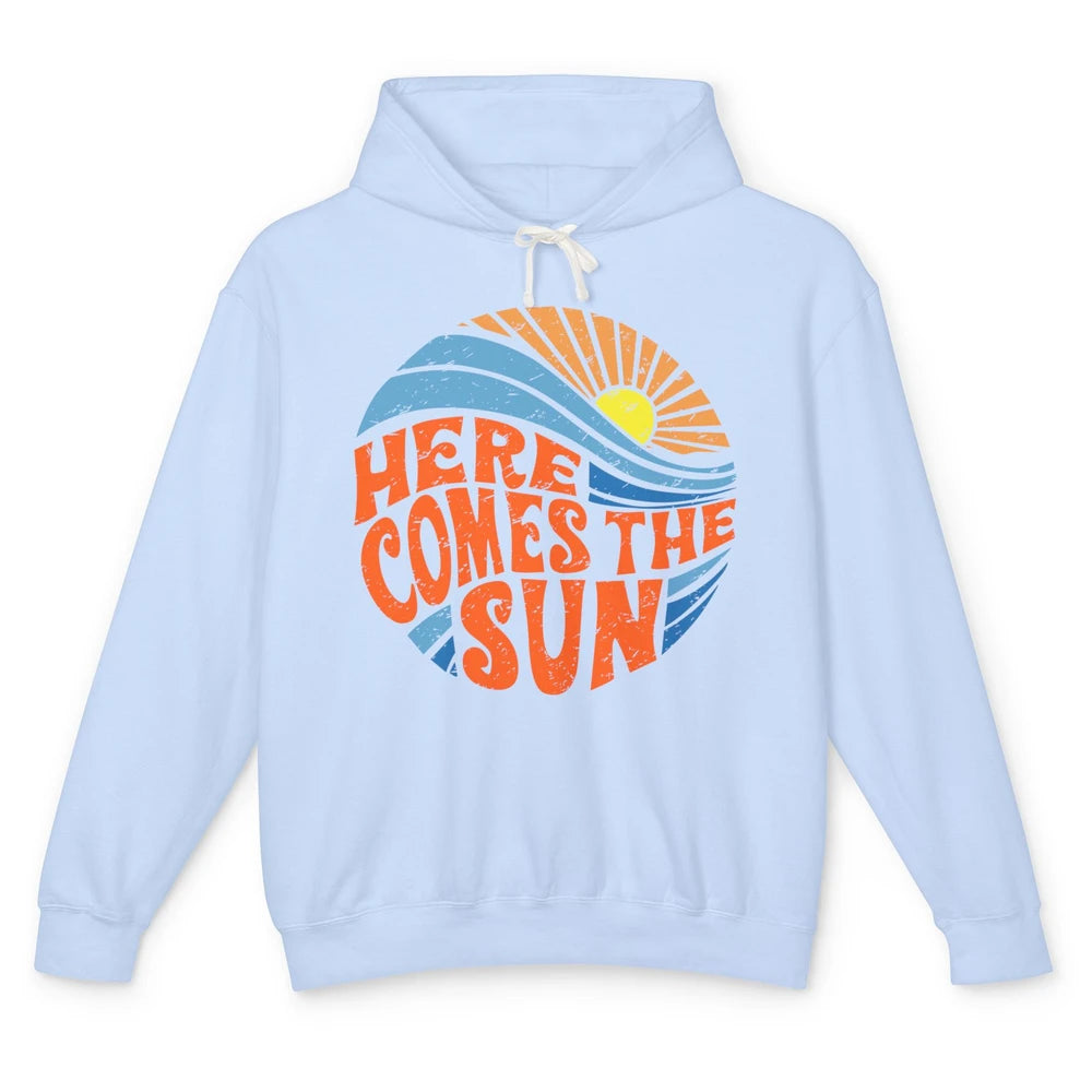 Retro Rainbow Sunrise Here Comes The Sun Hippie Girl Unisex Lightweight Hoodie