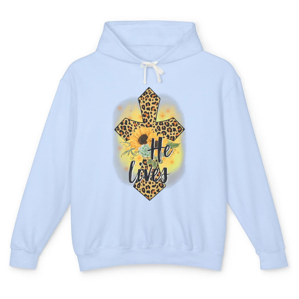 He Lives Sunflowers Faith Cross Christian Bible Religious Unisex Lightweight Hoodie