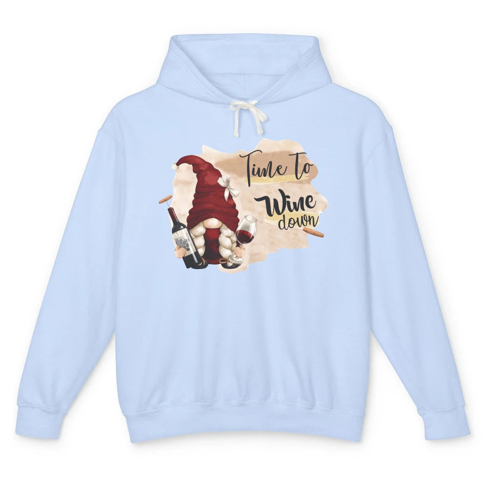 Christmas Gnome Wine It's Time to Wine Down Winter Holiday Unisex Lightweight Hoodie