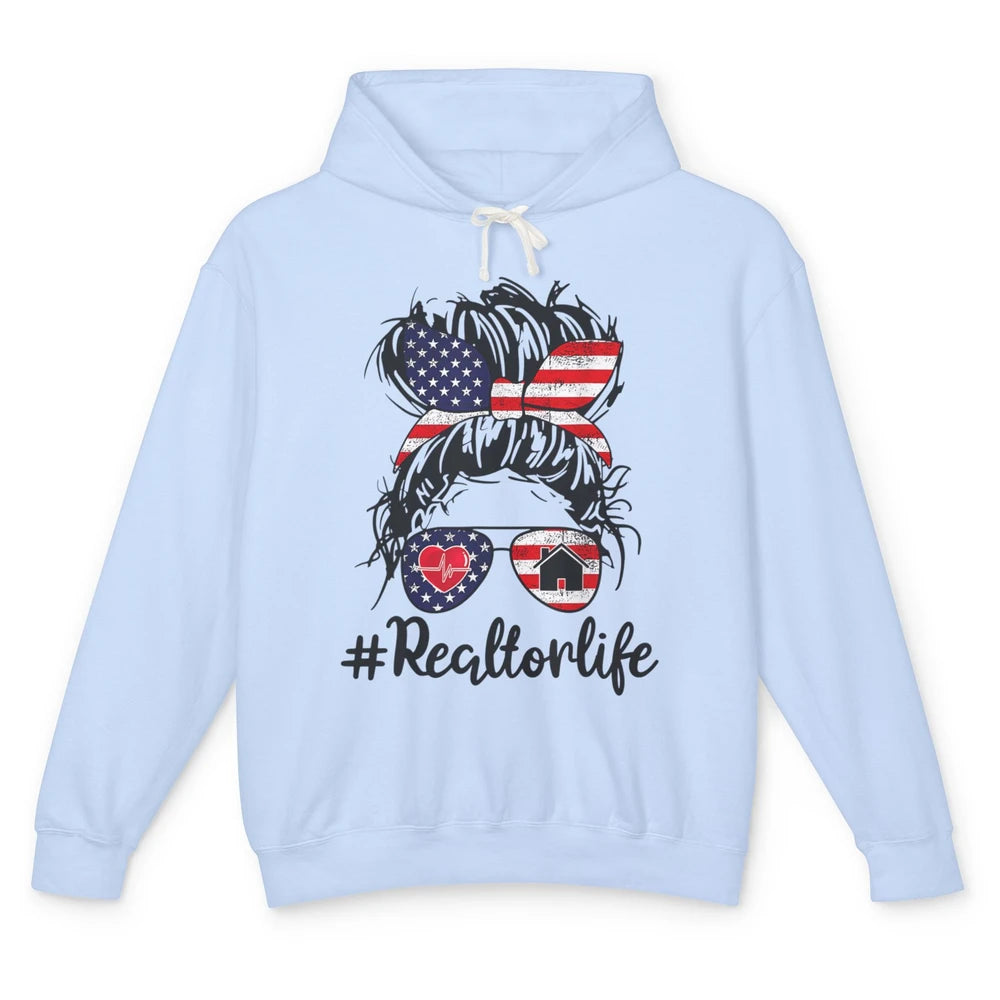 Messy Hair Bun 4th July Flag Realtor Life Real Estate Agent Unisex Lightweight Hoodie