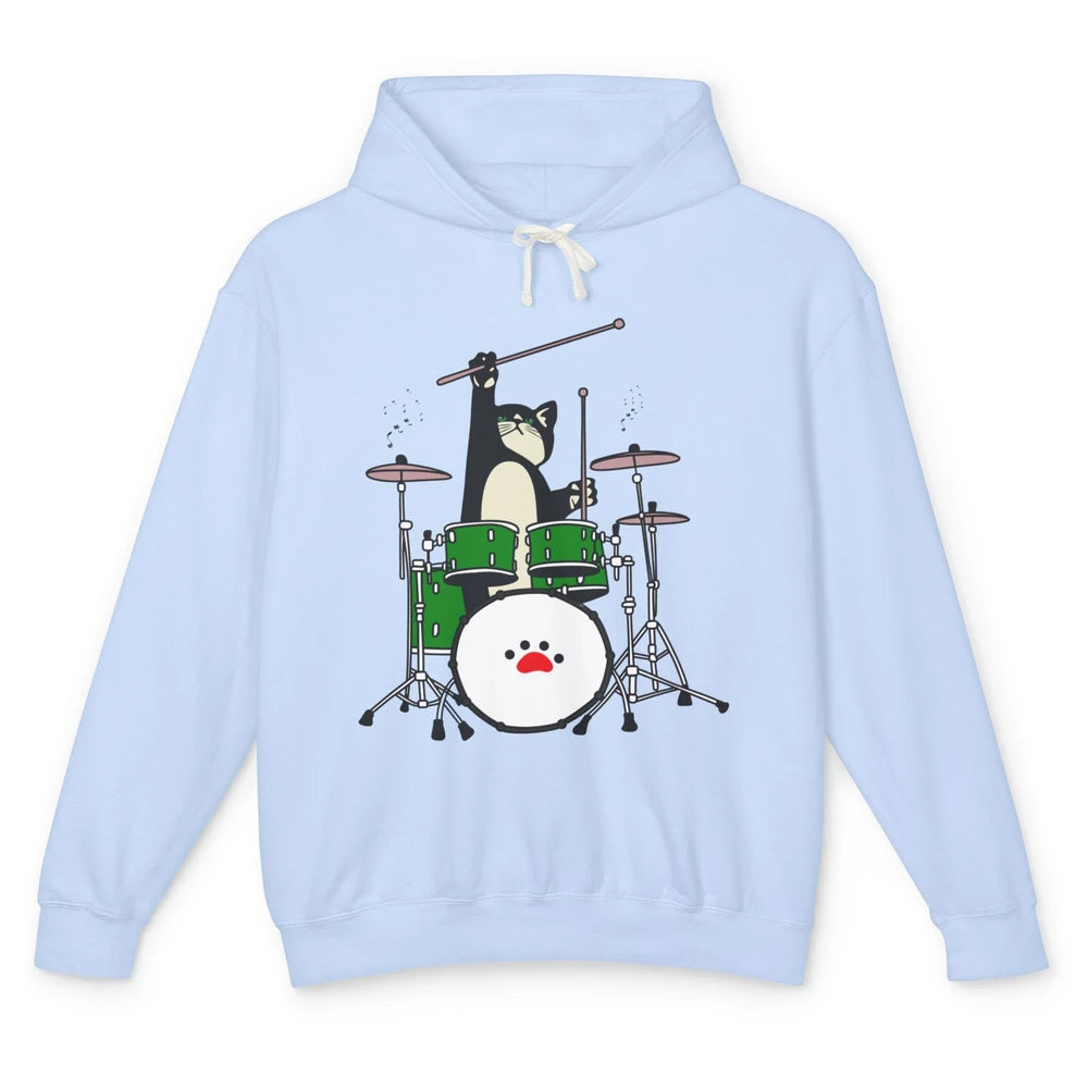 Funny Black Cat Playing Drum Drummer Kitten Musician Song Unisex Lightweight Hoodie