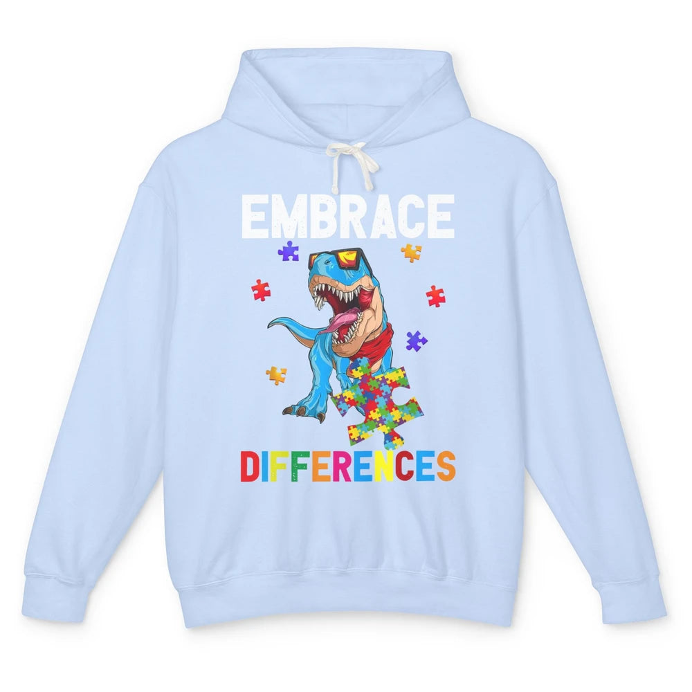 Autism Awareness Dinosaur Puzzle Piece Embrace Differences Unisex Lightweight Hoodie