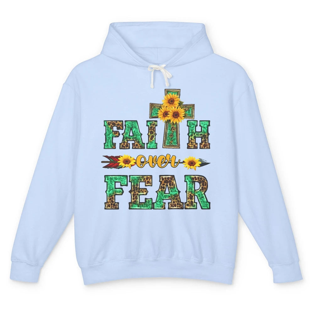 Leopard Sunflower Cross Faith Over Fear Christian Religious Unisex Lightweight Hoodie