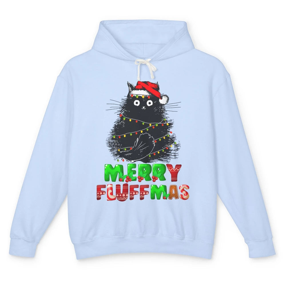 Merry Christmas Catmas Santa Hat Black Cat Xmas Lights Tree Unisex Lightweight Hoodie