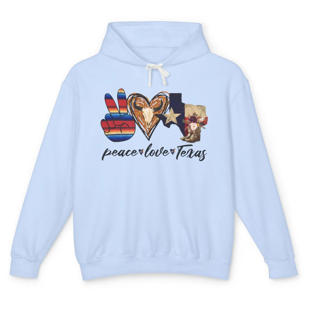 Retro Peace Love Texas Cowboy Boots Western Country Cowgirl Unisex Lightweight Hoodie