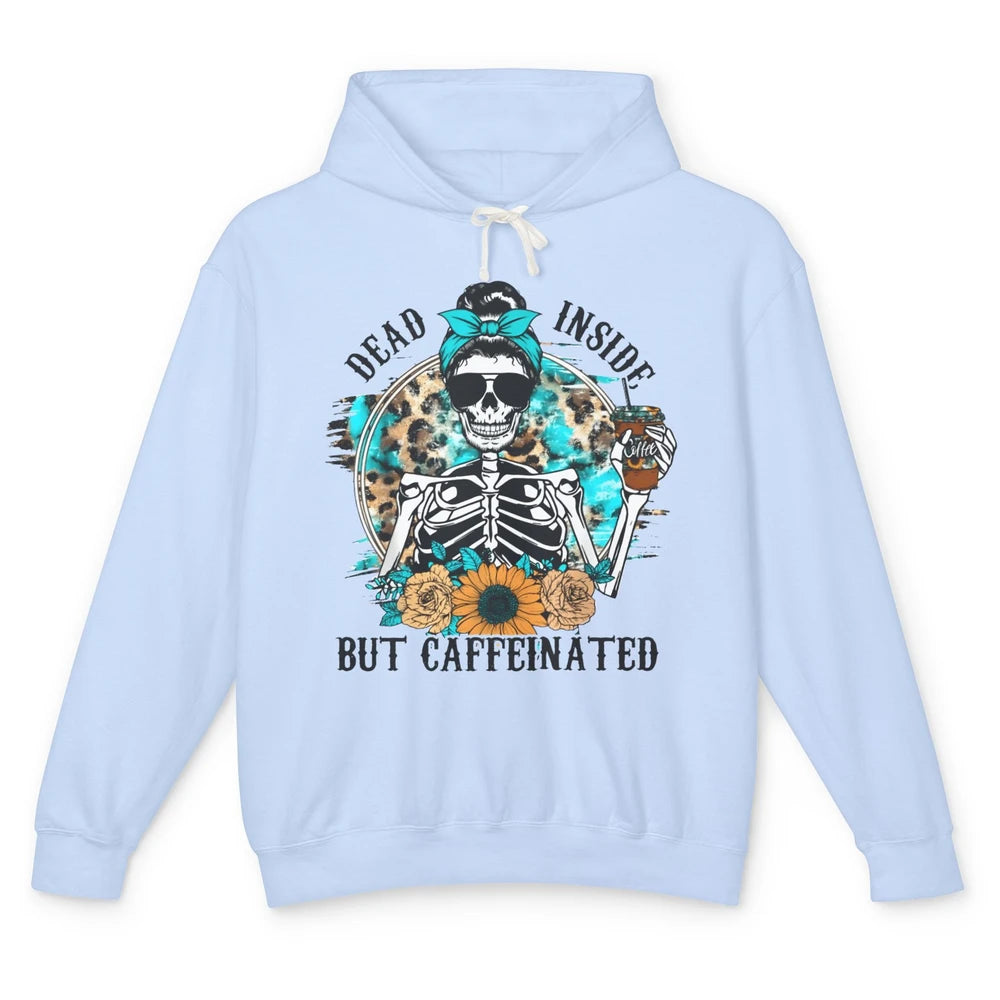 Funny Messy Bun Skull Dead Inside But Caffeinated Halloween Unisex Lightweight Hoodie