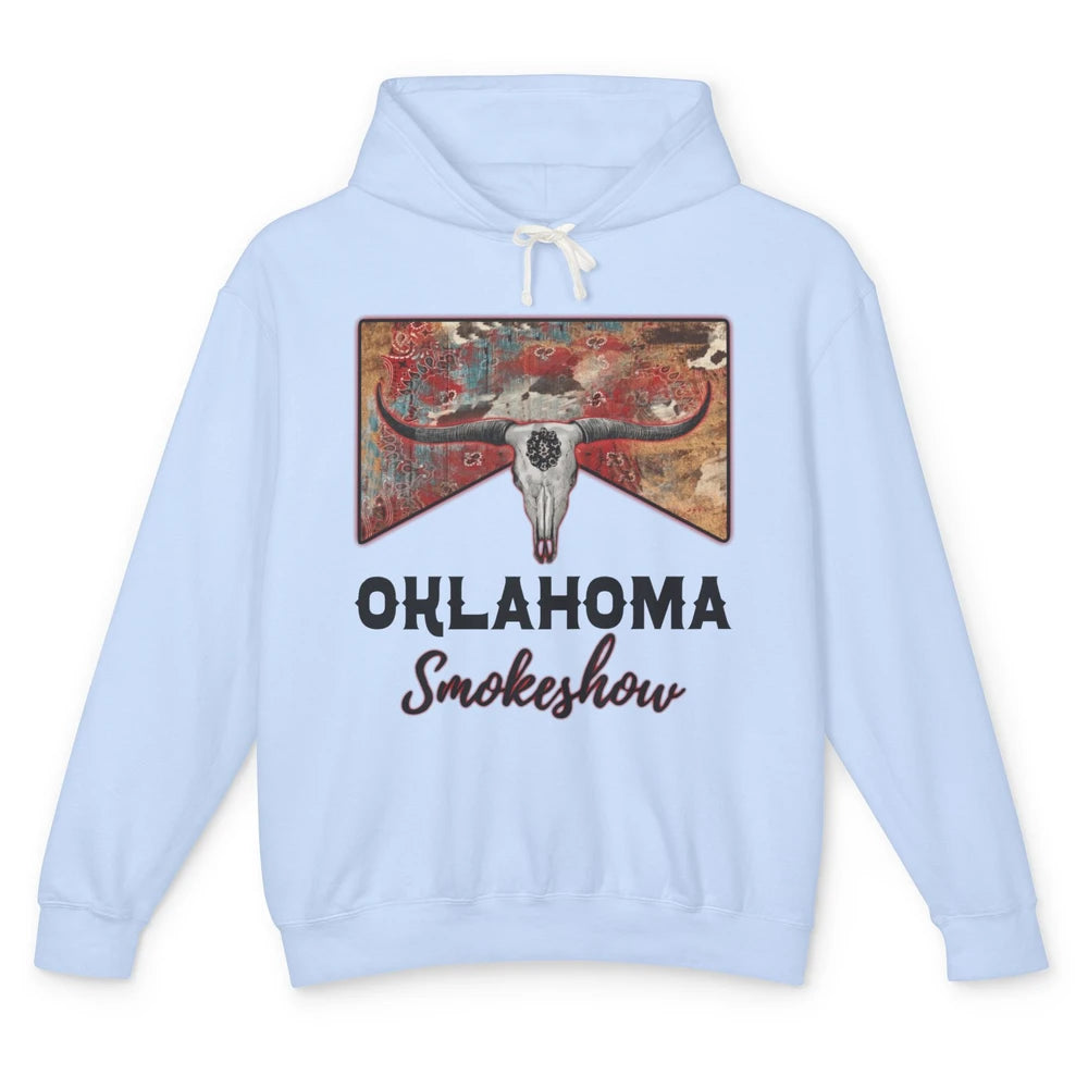 Boho Bull Skull Cow Print Oklahoma Smokeshow Western Country Unisex Lightweight Hoodie