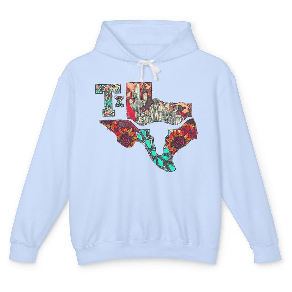 Texas Map Boho Texas State Leopard Western Desert Cactus Unisex Lightweight Hoodie