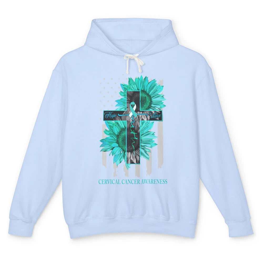 Cervical Cancer Faith Hope Turquoise US Flag Jesus Cross Unisex Lightweight Hoodie