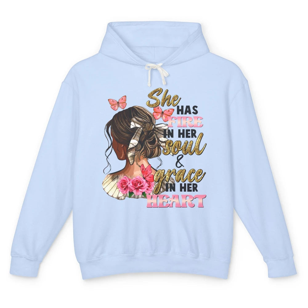 Messy Bun She Has Fire In Her Soul Grace In Heart Christian Unisex Lightweight Hoodie