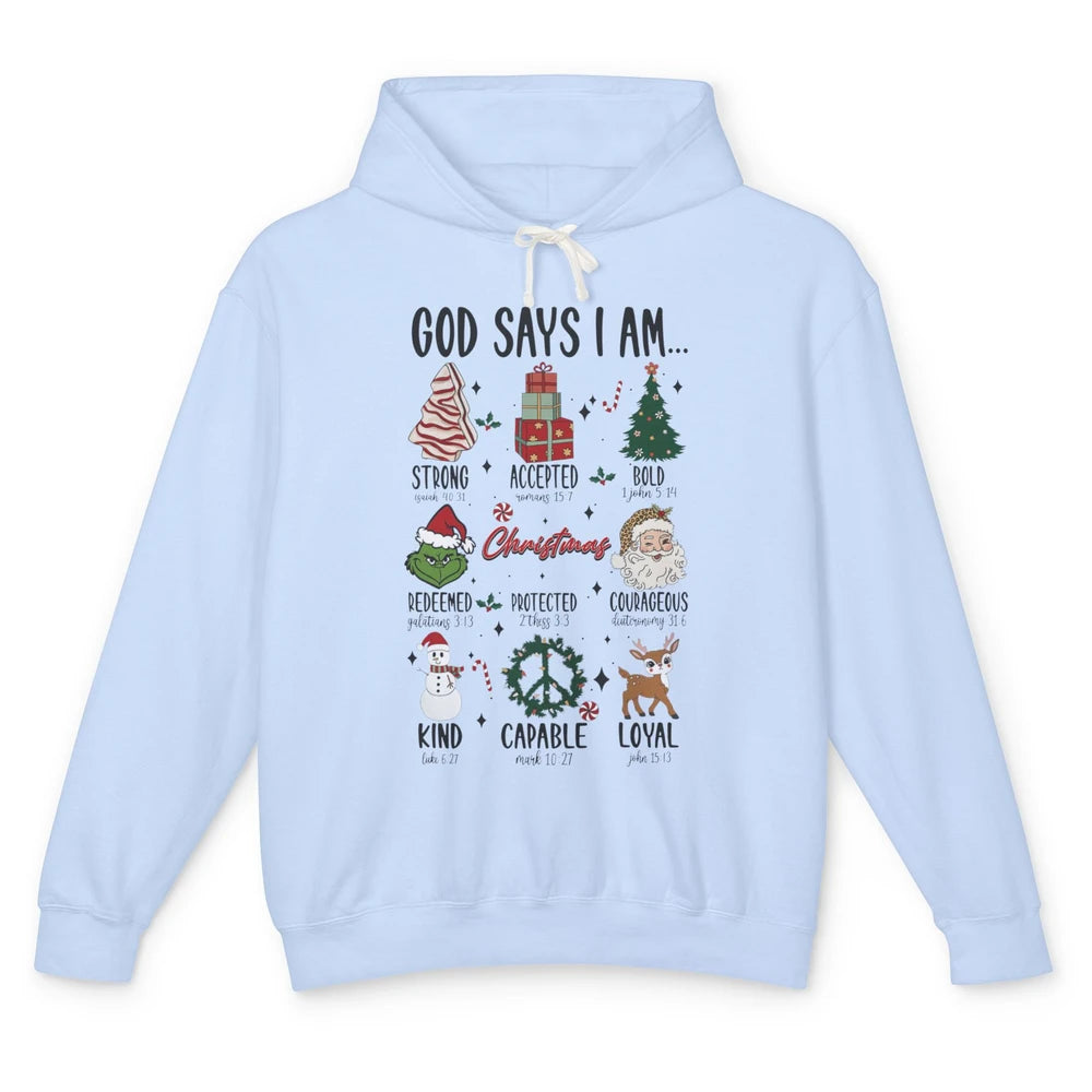 Retro Christmas God Says I Am Bible Verse Religious Boy Girl Unisex Lightweight Hoodie