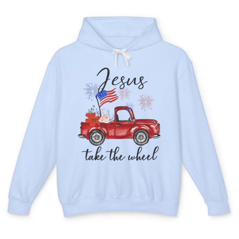 4th Of July Jesus Take The Wheel Red Truck Watercolor God Unisex Lightweight Hoodie