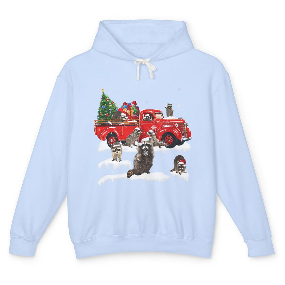 Funny Red Truck Raccoon Xmas Tree Lights Merry Christmas Unisex Lightweight Hoodie