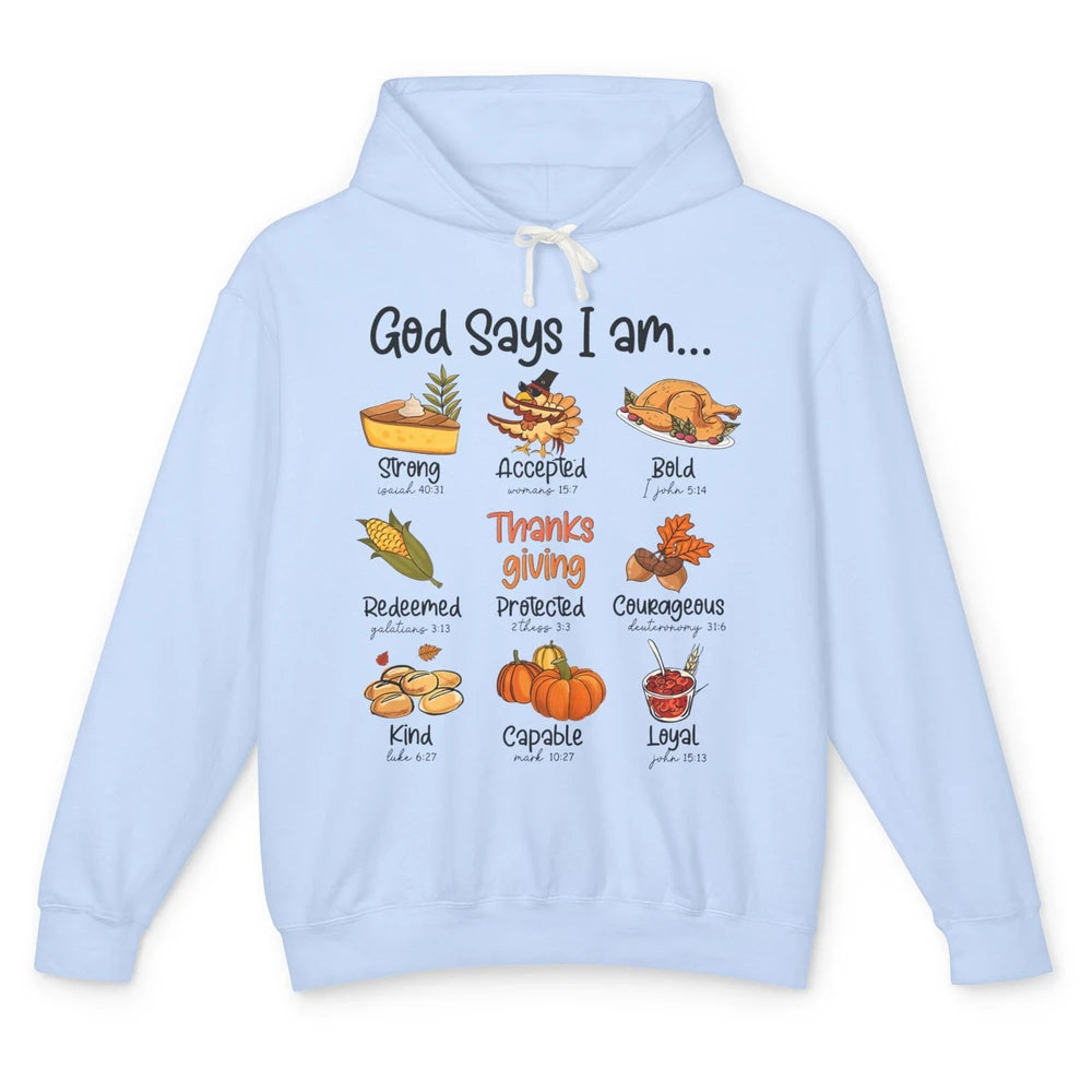 Retro Thanksgiving Turkey God Says I Am Bible Christian Fall Unisex Lightweight Hoodie