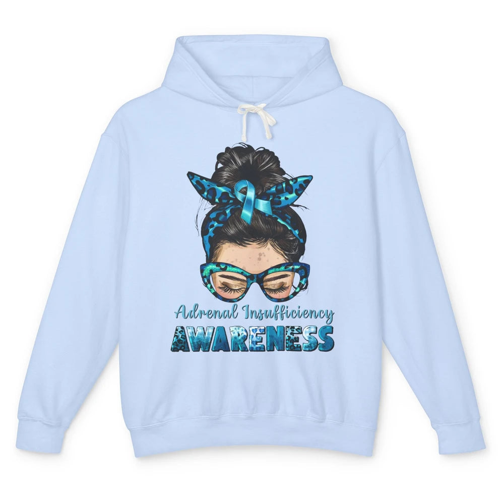 Adrenal Insufficiency Awareness Messy Bun Mom Blue Ribbon Unisex Lightweight Hoodie