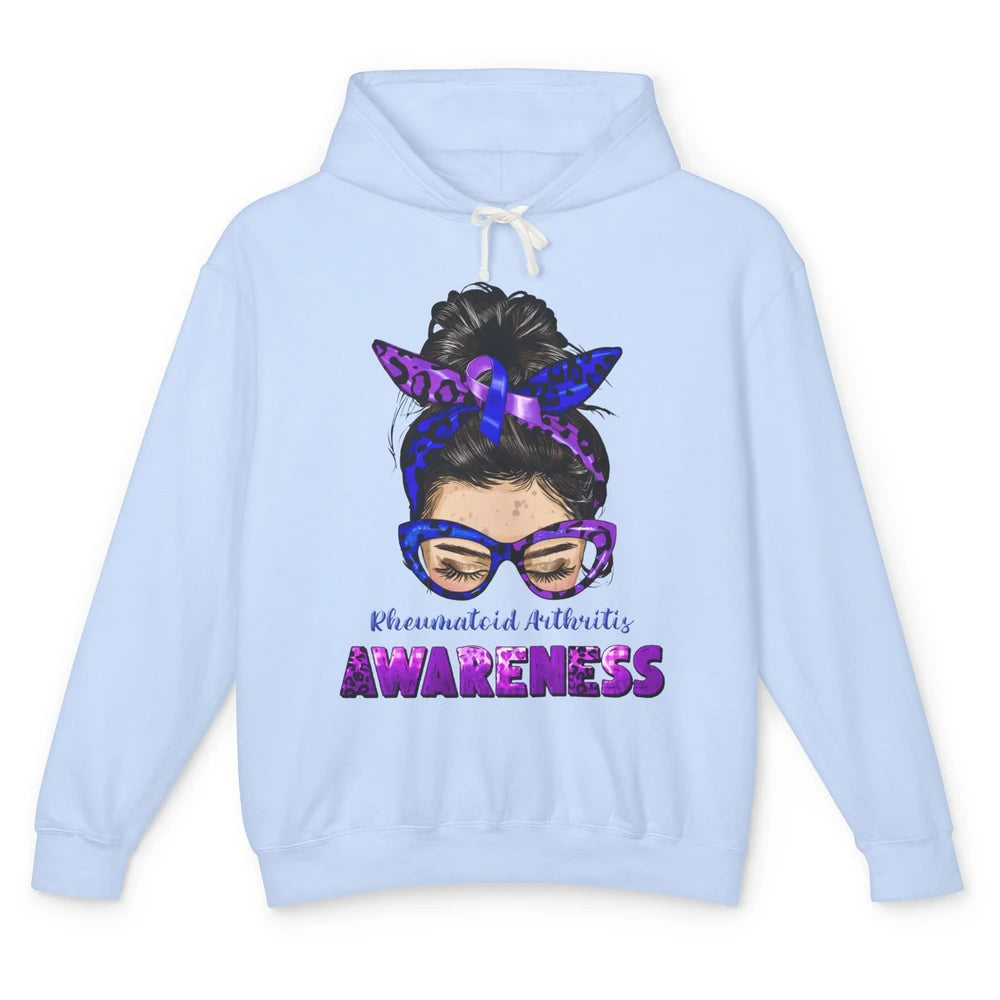 Rheumatoid Arthritis Messy Bun Mom Blue Purple Ribbon Unisex Lightweight Hoodie