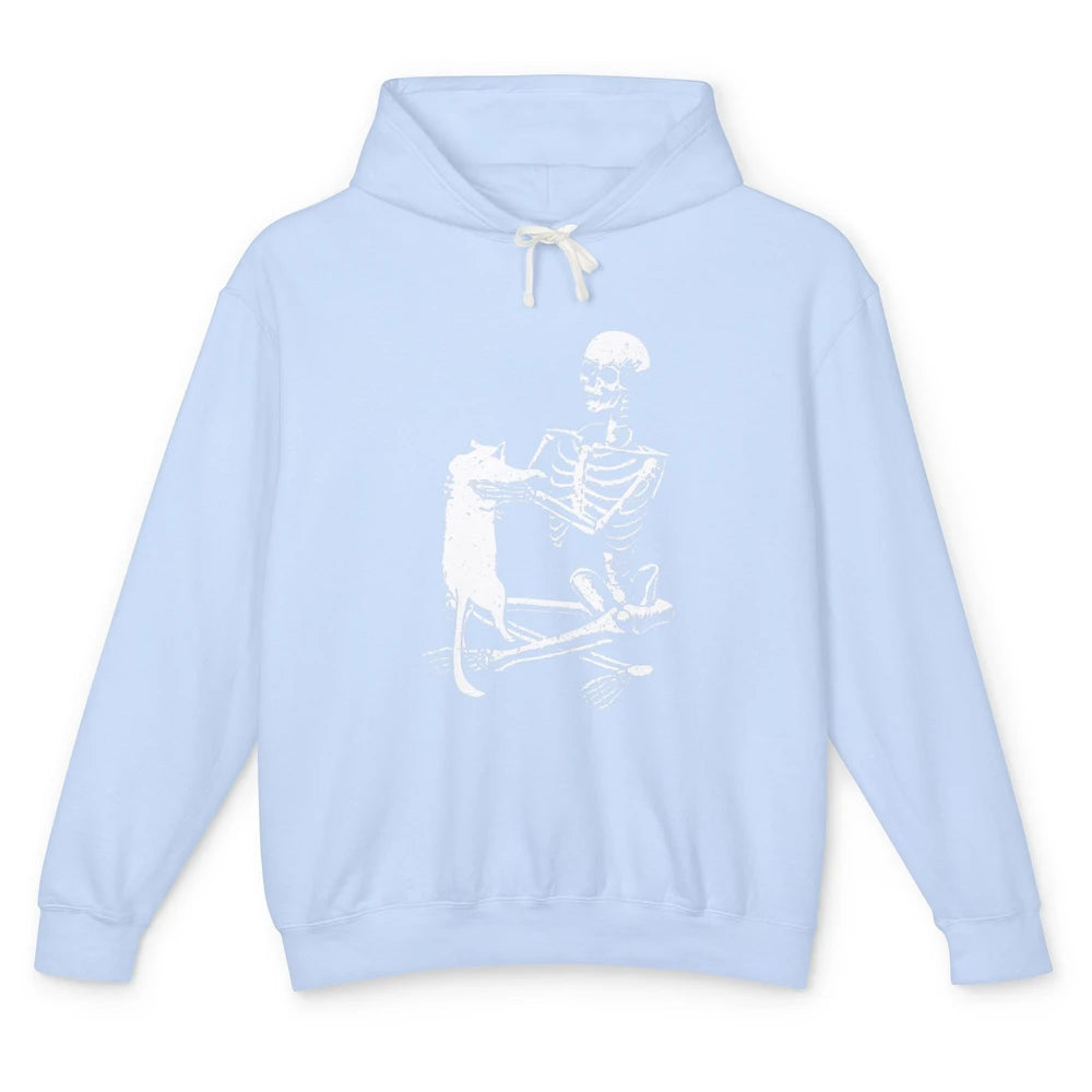 Skeleton Holding Cat Scary Costume Skull Kitten Halloween Unisex Lightweight Hoodie