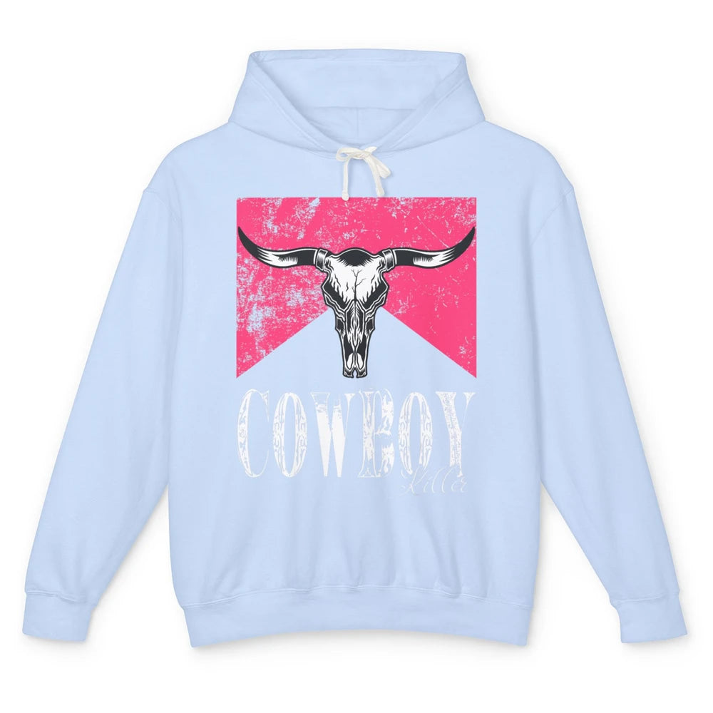 Western Cowboy Bull Skull Pink Southern Country Killer Retro Unisex Lightweight Hoodie