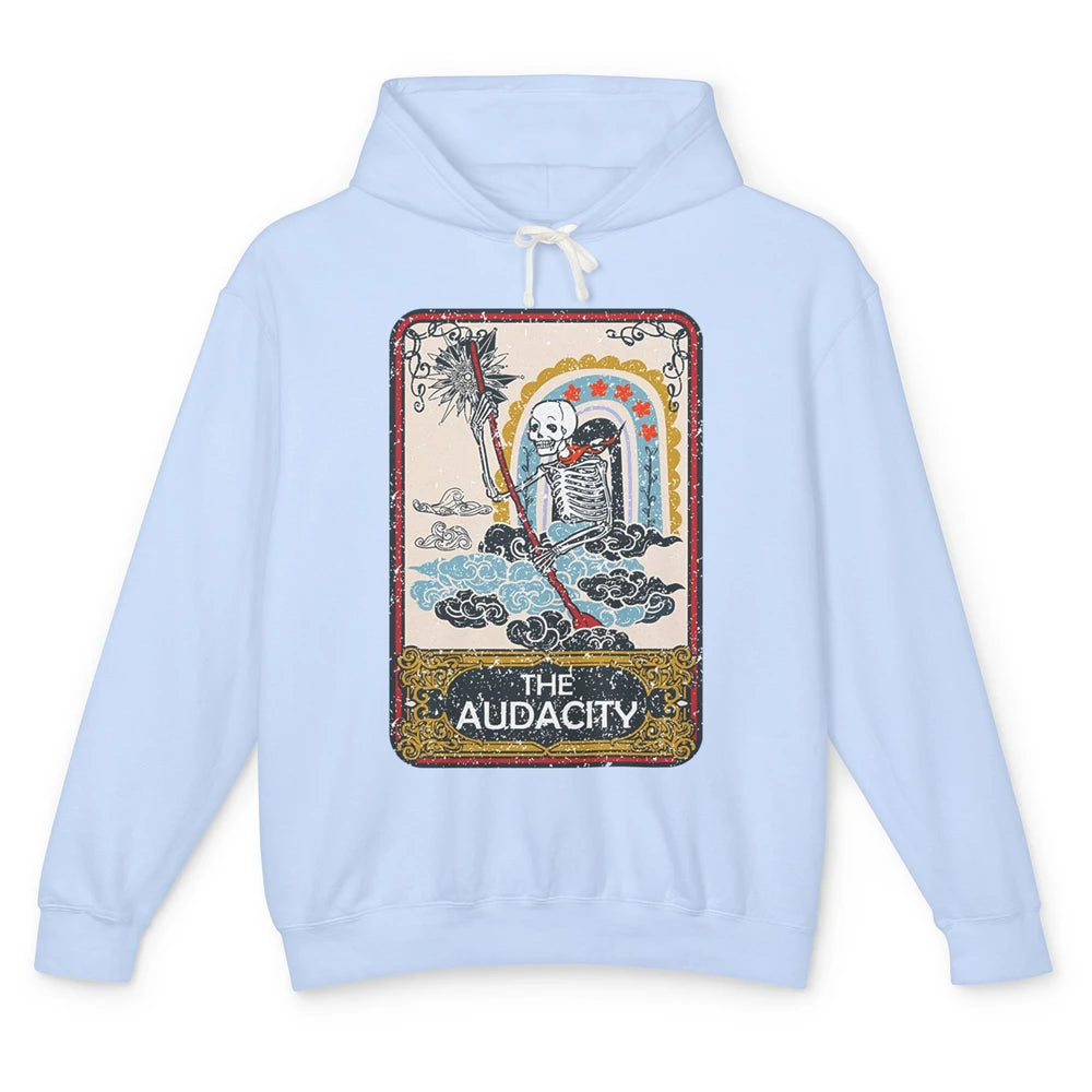 Retro Skeleton Riding Clouds Rainbow The Audacity Tarot Card Unisex Lightweight Hoodie