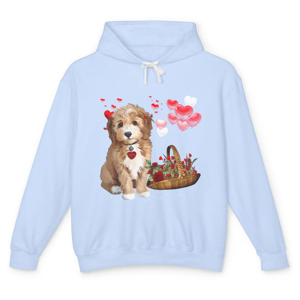 Valentine Goldendoodle Dog Valentine's Day Red Heart Couple Unisex Lightweight Hoodie