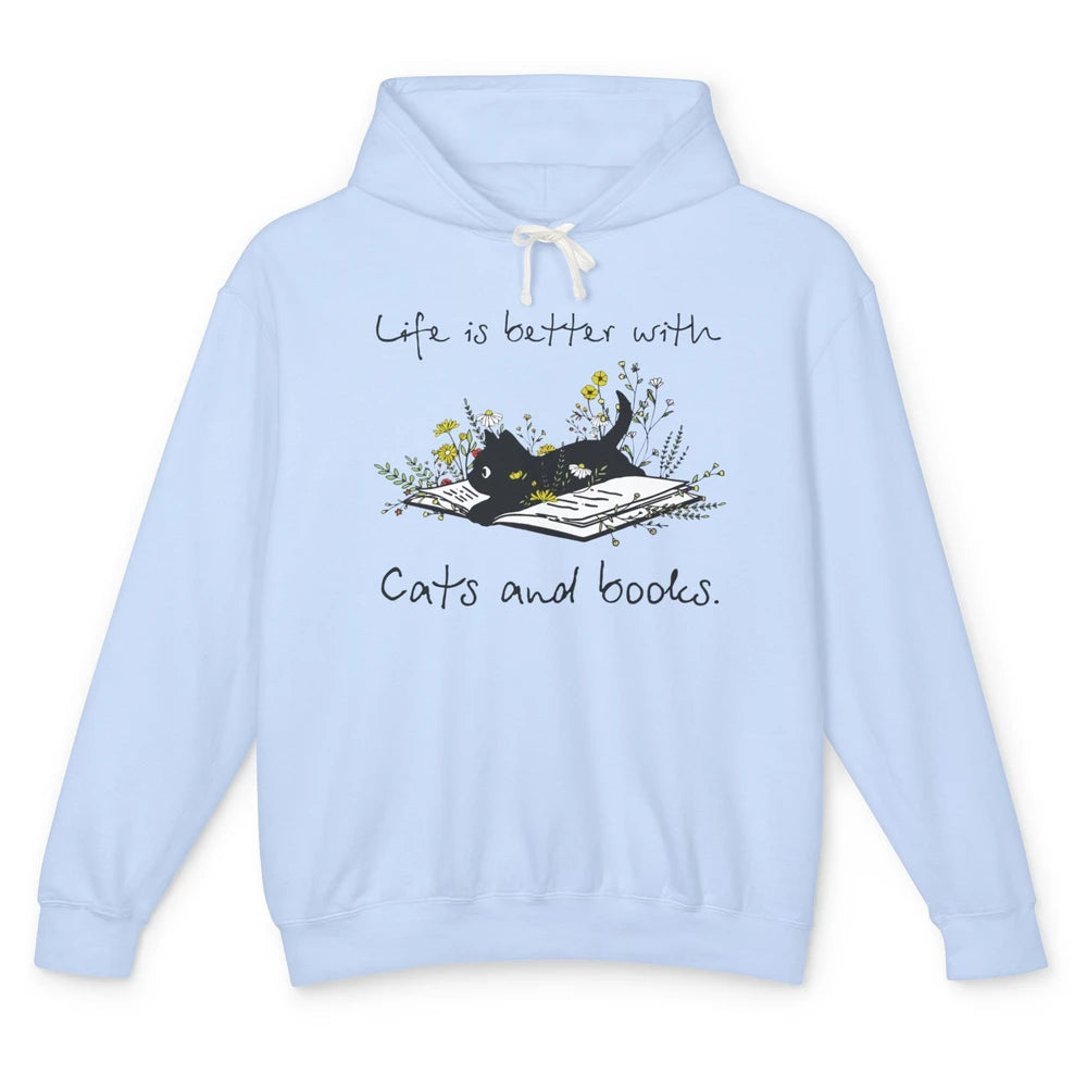 Funny Black Cat And Floral Book Cute Kitten Minimal Flowers Unisex Lightweight Hoodie