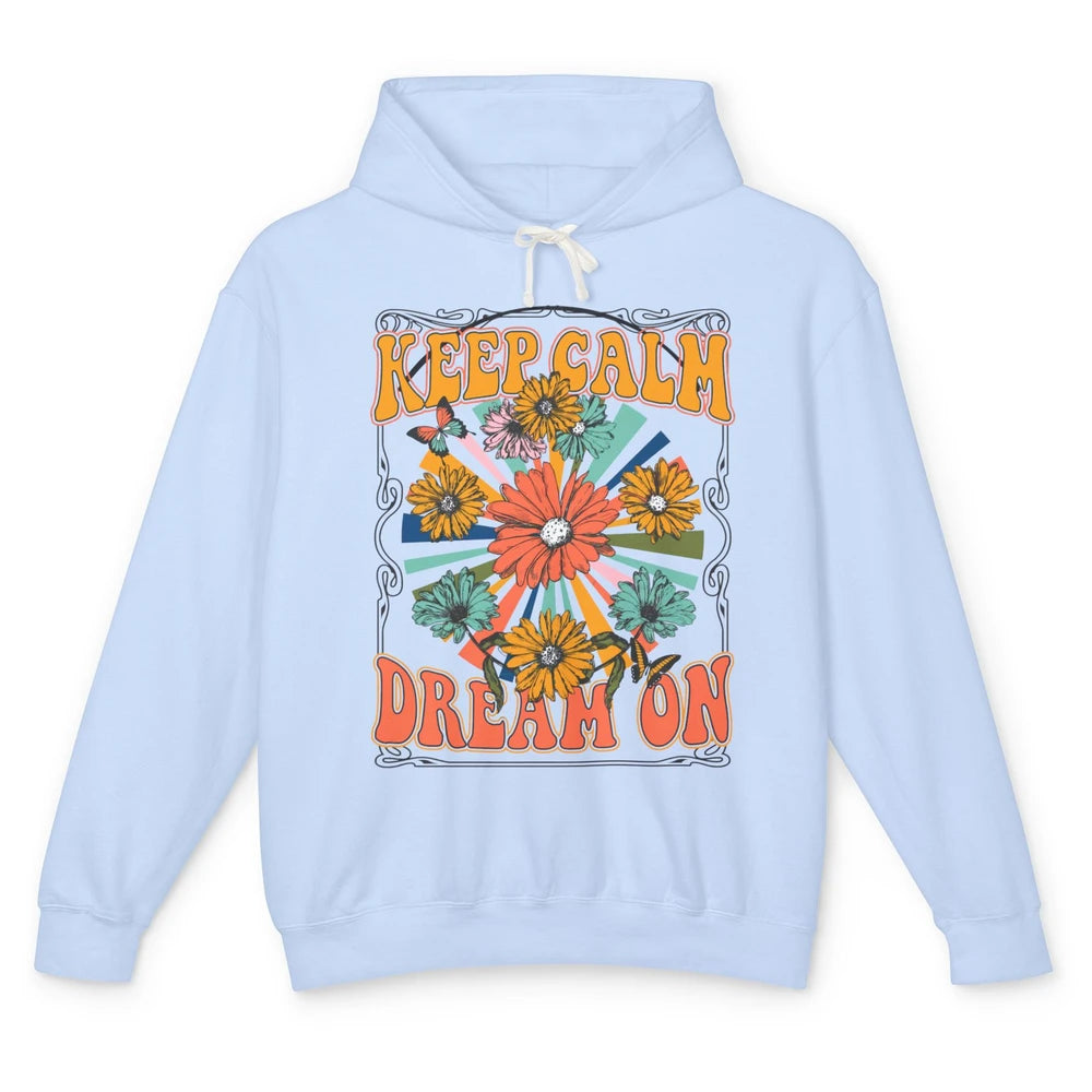 Retro Floral Rainbow Keep Calm Dream On Peace Hippie Girl Unisex Lightweight Hoodie