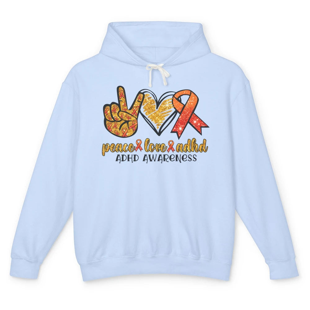 ADHD Awareness Month Peace Love ADHD Orange Ribbon Unisex Lightweight Hoodie