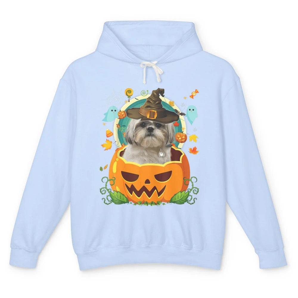 Funny Shih Tzu Dog Witch Hat Pumpkin Halloween Spooky Season Unisex Lightweight Hoodie