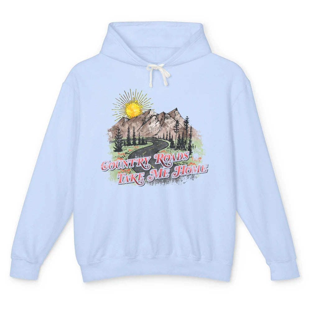 Retro Mountain Sunset Country Roads Take Me Home Western Unisex Lightweight Hoodie