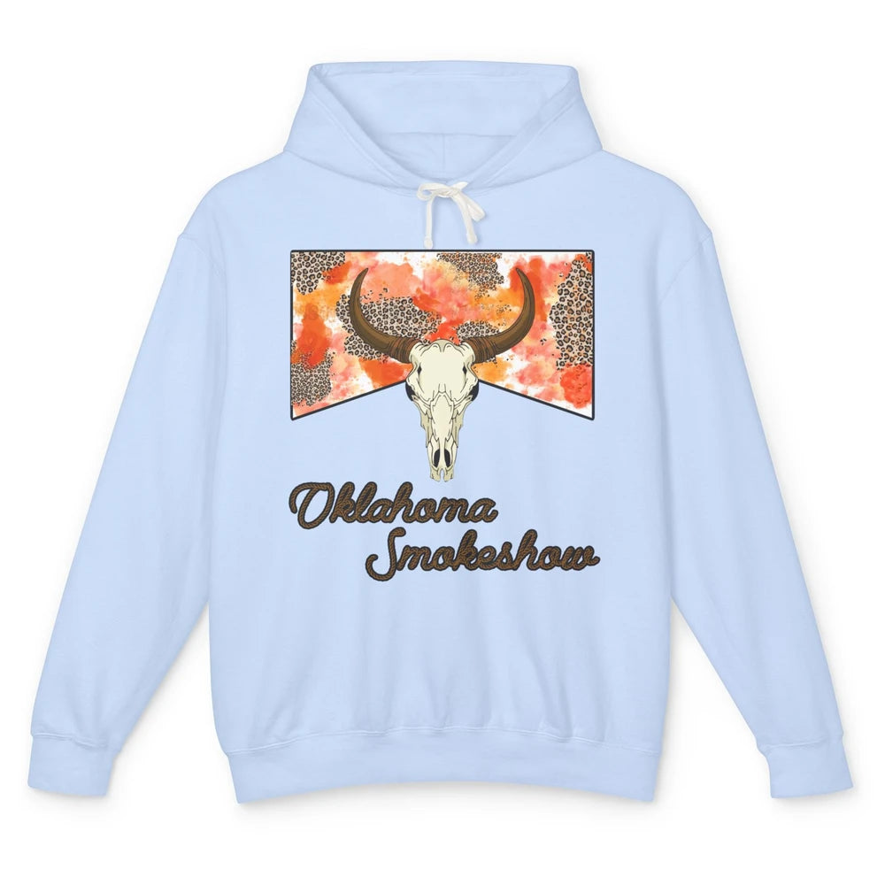 Boho Bull Skull Cow Print Oklahoma Smokeshow Western Country Unisex Lightweight Hoodie