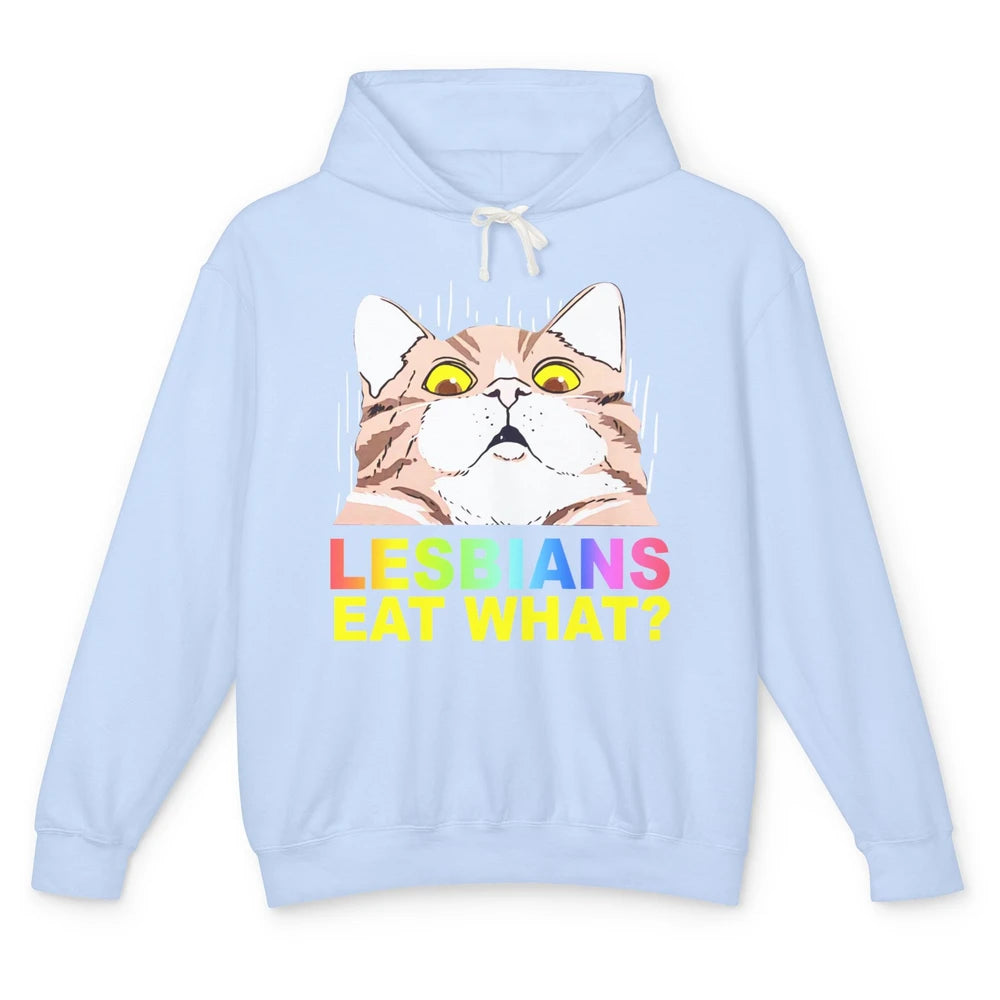 Funny Black Cat Lesbians Eat What LGBTQ Sarcastic Cat Mom Unisex Lightweight Hoodie