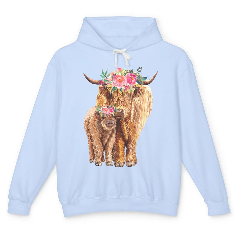 Floral Highland Cow Mom And Baby Western Country Heifer Mom Unisex Lightweight Hoodie