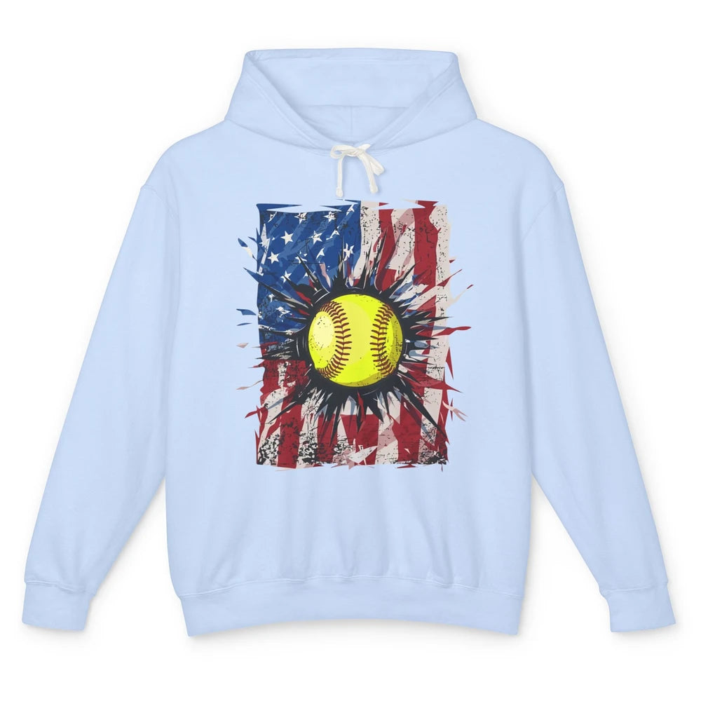 Retro US Flag Softball July 4th Baseball Players Patriotic Unisex Lightweight Hoodie