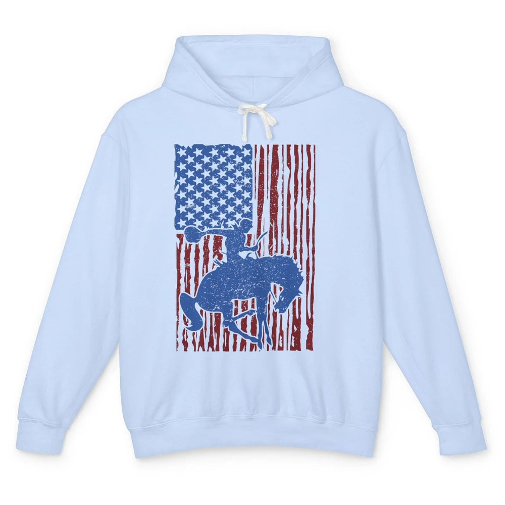 Retro US Flag Cowboy Horsing Rodeo Western July 4th Patriots Unisex Lightweight Hoodie