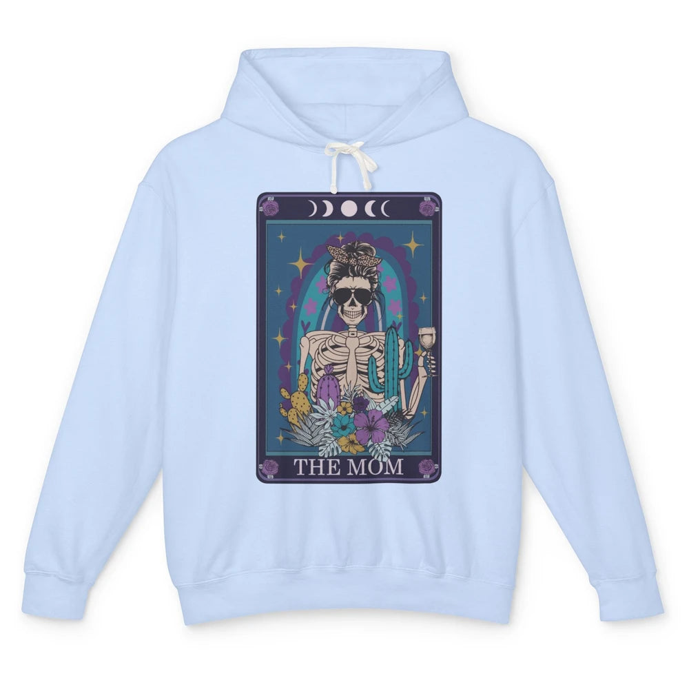 Skeleton Skull Messy Bun Mom Tarot Card The Mom Halloween Unisex Lightweight Hoodie