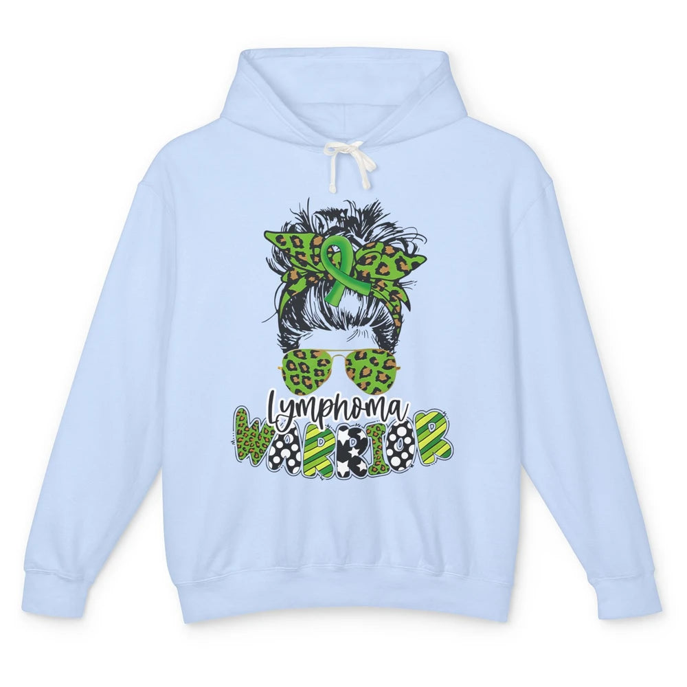 Warrior Fight Lymphoma Cancer Green Leopard Ribbon Messy Bun Unisex Lightweight Hoodie