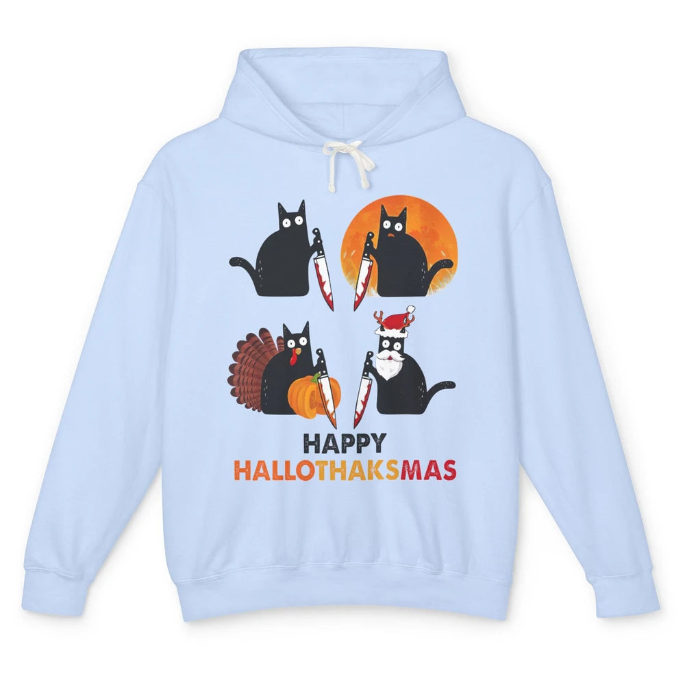 Funny Murderous Cat Turkey Hallo-thank-mas Thanksgiving Xmas Unisex Lightweight Hoodie