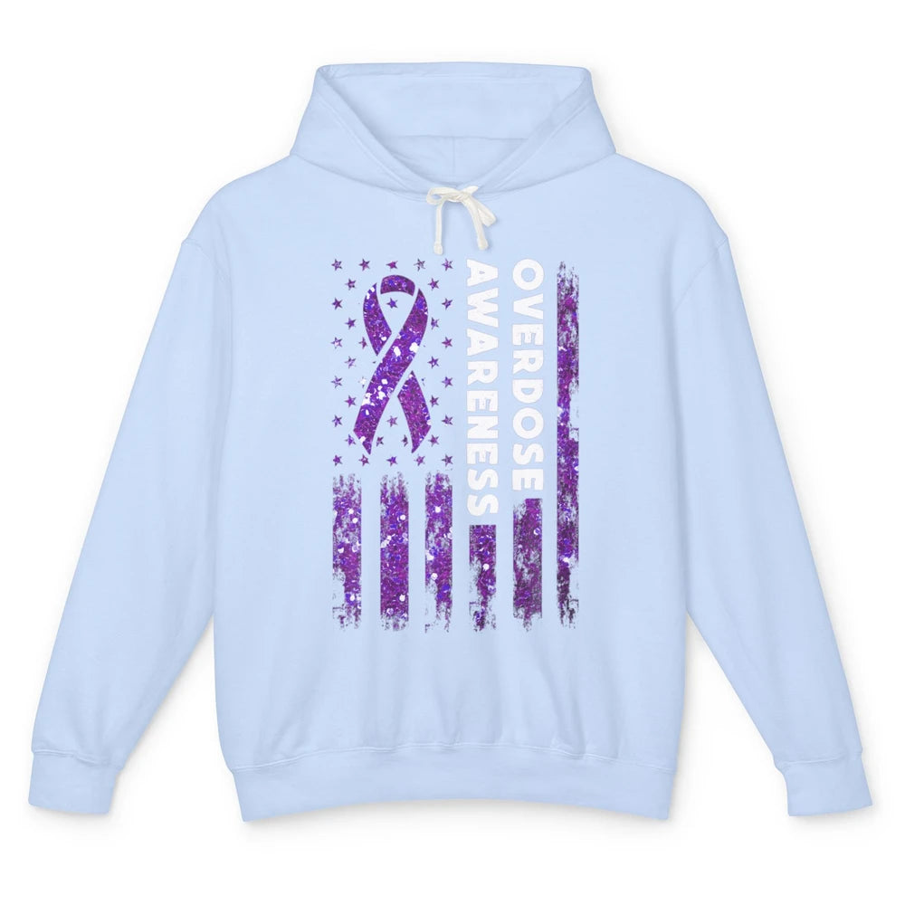 Overdose Awareness US Flag Purple Ribbon Addiction Warrior Unisex Lightweight Hoodie