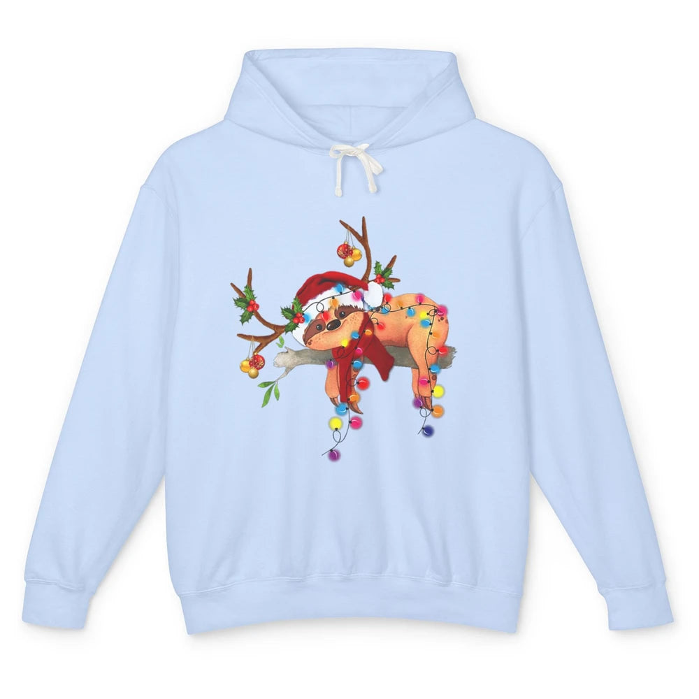 Merry Christmas Santa Claus Hat Sloth Reindeer Xmas Lights Unisex Lightweight Hoodie