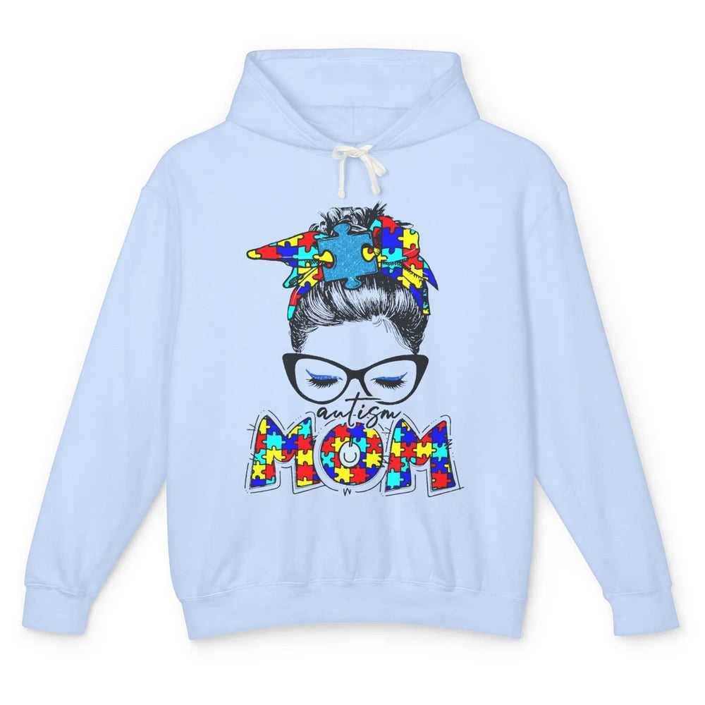 Autism Mom Messy Bun Bandana Puzzle Autism Awareness Month Unisex Lightweight Hoodie