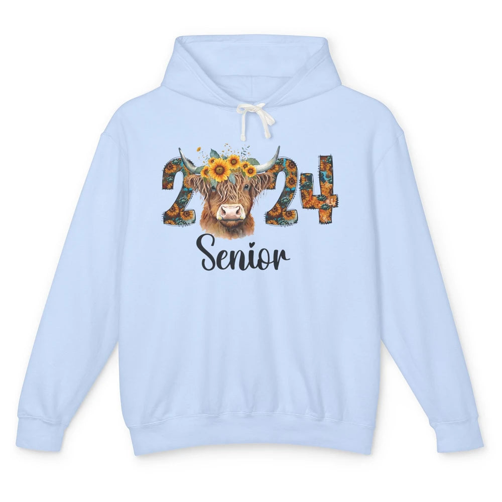 Sunflower Highland Cow Senior 2024 Graduate Bachelor Western Unisex Lightweight Hoodie