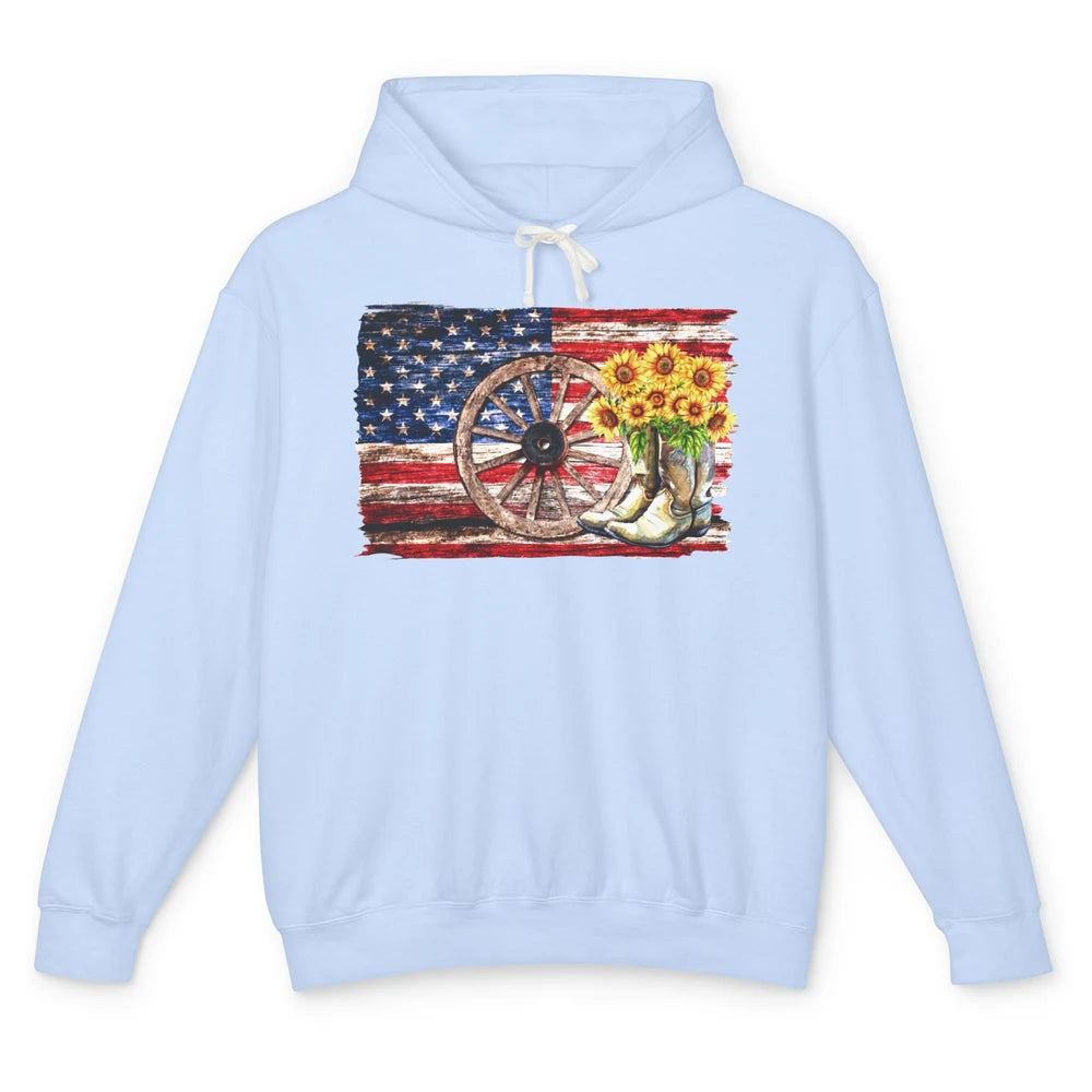 Retro US Flag Sunflower Cowgirl Boots Texas Cowboy Western Unisex Lightweight Hoodie