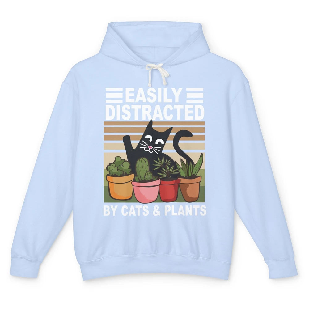 Easily Distracted By Cats And Plants Vintage Gardening Gift Unisex Lightweight Hoodie