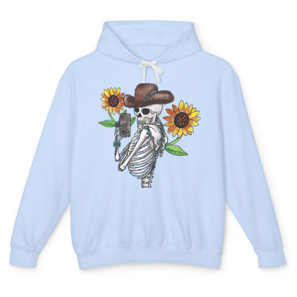 Western Cowboy Hat Skeleton Sunflower Funny Skeleton Selfie Unisex Lightweight Hoodie