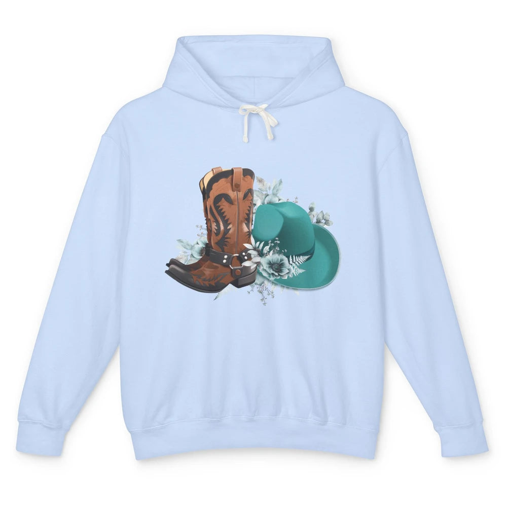 Retro Cowgirl Floral Turquoise Cowboy Boots Rodeo Western Unisex Lightweight Hoodie