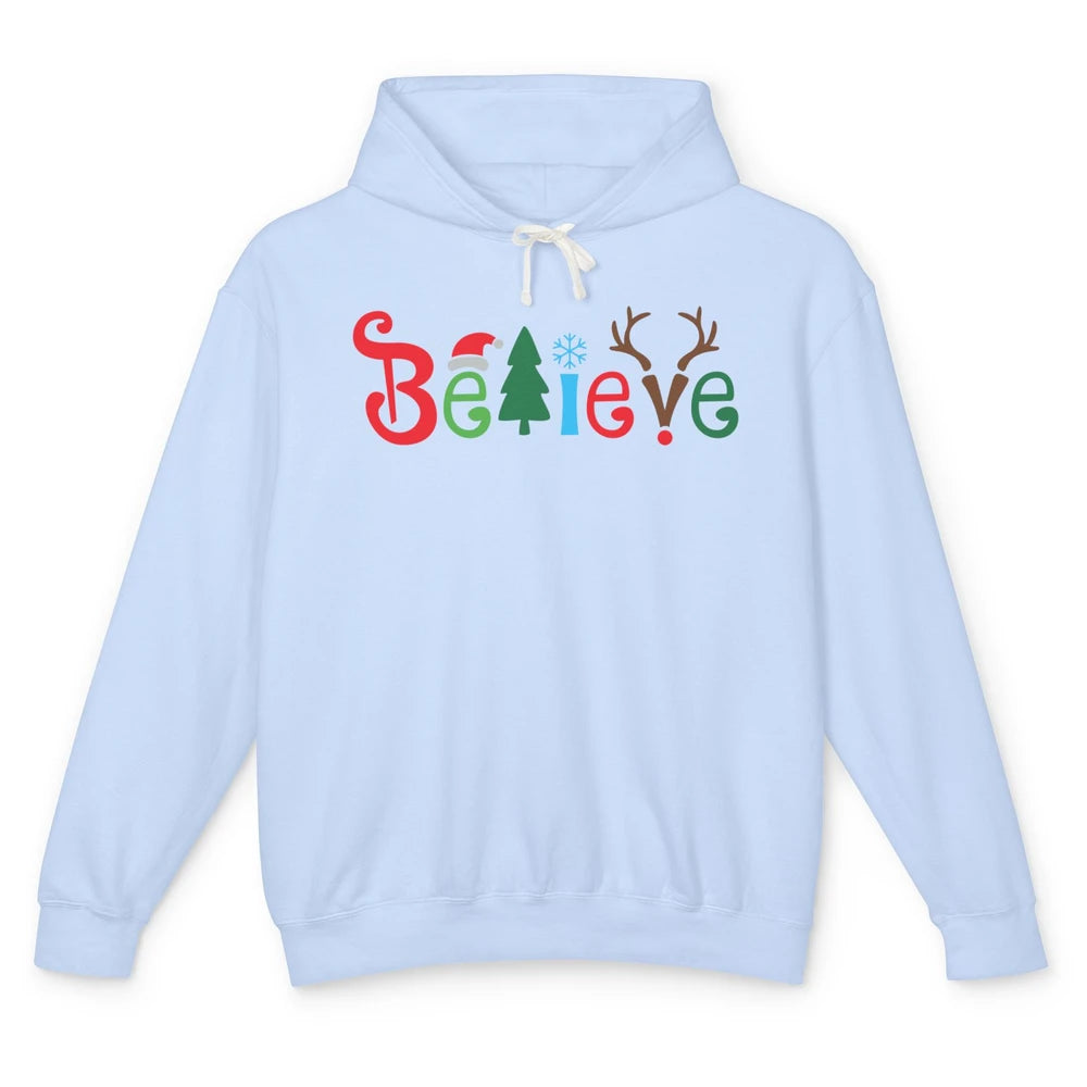 Funny Santa Claus Hat Believe Snowflakes Christmas Costume Unisex Lightweight Hoodie